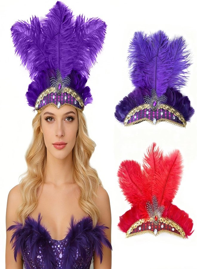 Frstem Showgirl Headpiece Purple Red 10x10 Inch with Glittering Feathers and Adjustable Headband for Carnival Stage Performance and Costume Parties - Image 1